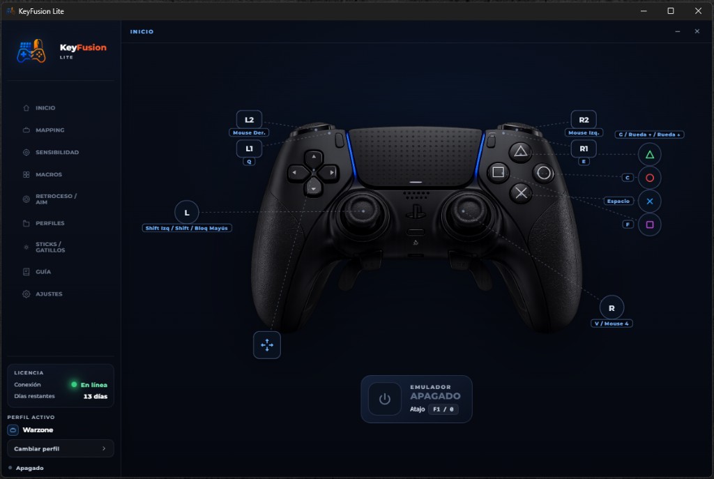 KeyFusion Lite: pantalla de inicio con mando DualSense y mappings activos