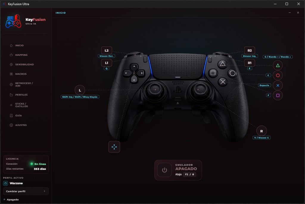 KeyFusion Ultra iA: pantalla Inicio con DualSense y mappings KBM
