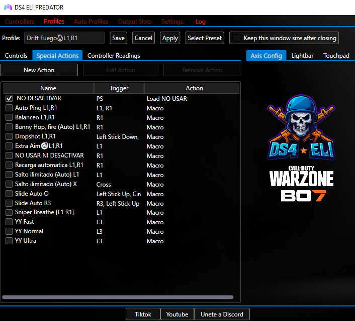 DS4 ELI Predator: interfaz Special Actions y perfiles